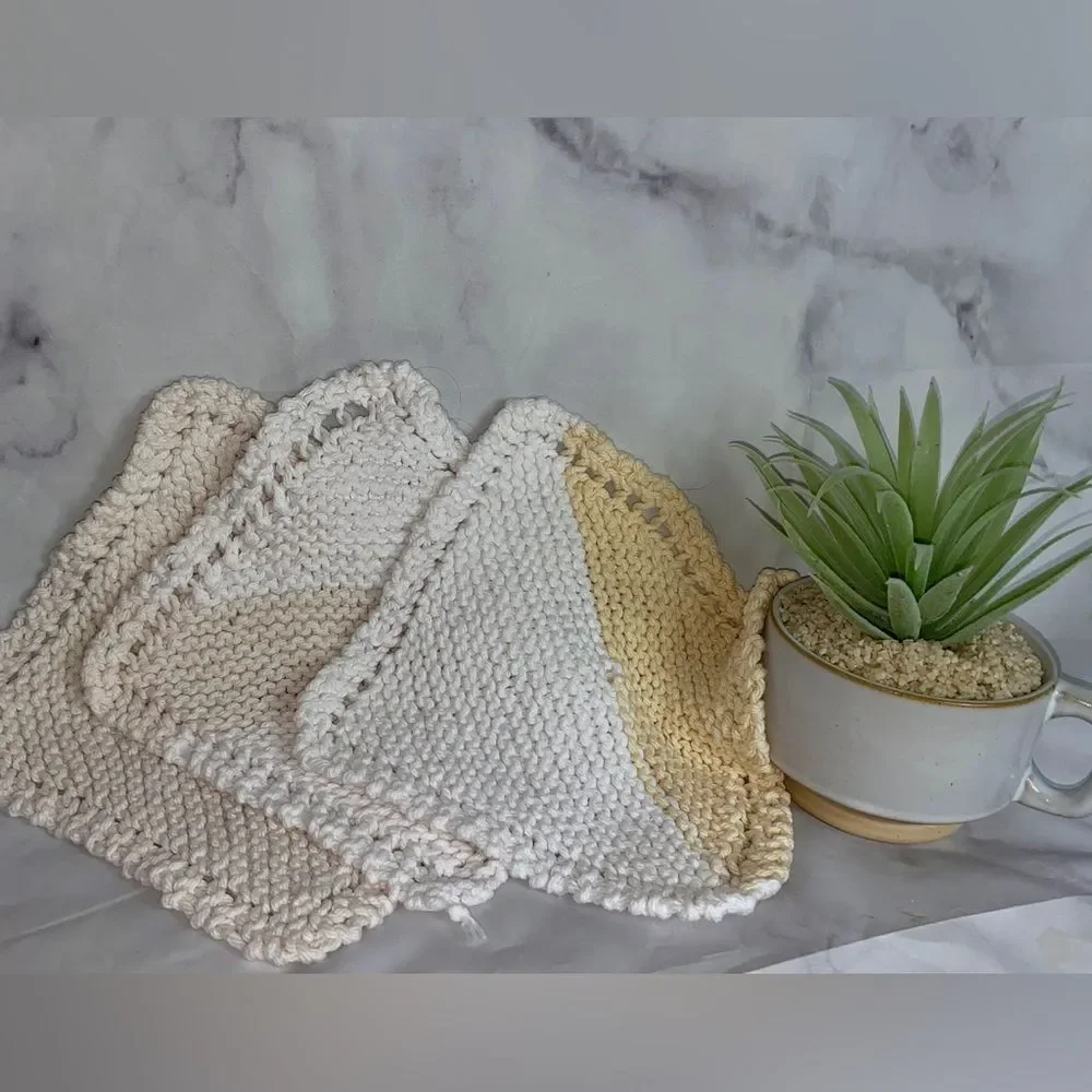 3 Vintage Hand Knit Washcloths Dish Rag ⚡️